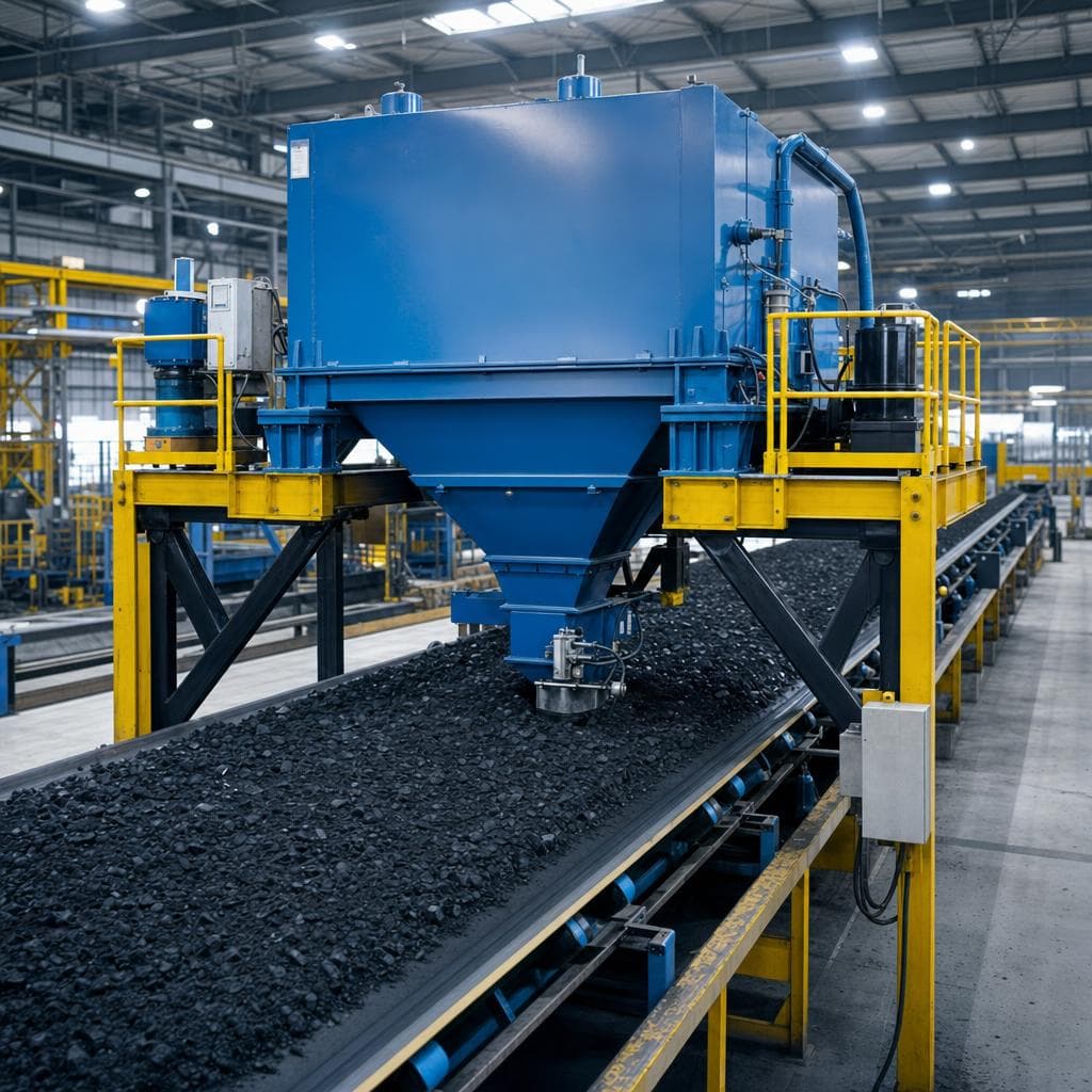 Oswal industrial bulk-material sampling system mounted over a coal conveyor belt inside a manufacturing facility