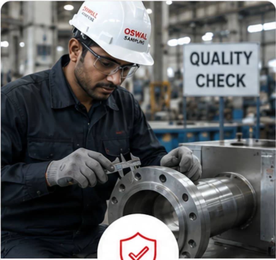 Oswal engineer reviewing sampling system designs at a CAD workstation